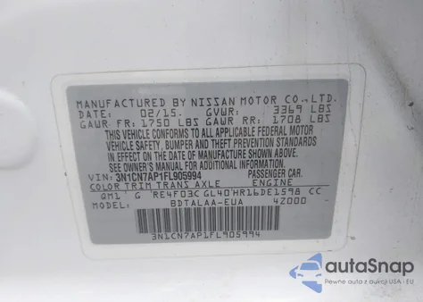 2015 Nissan Versa 1.6 S z USA, uszkodzony, nr VIN 3N1CN7AP1FL905994